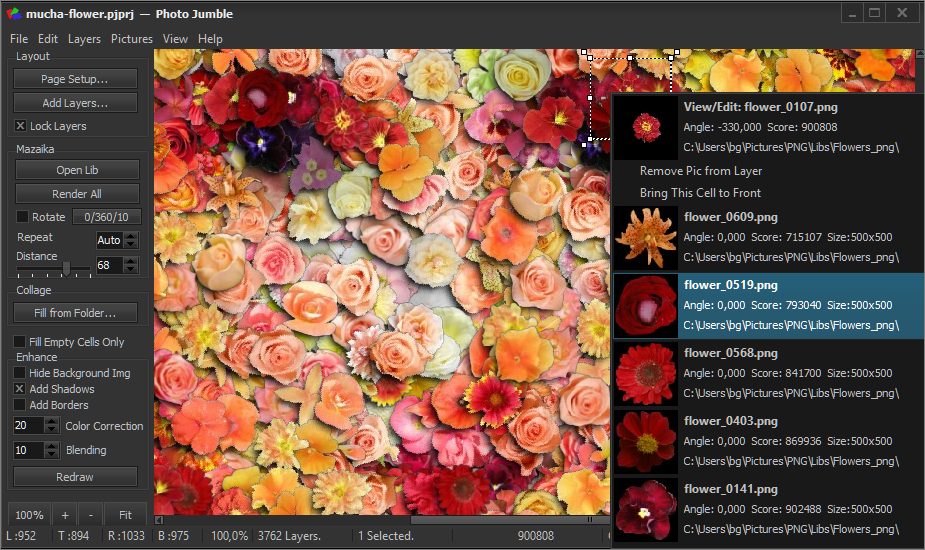 Photo Jumble for Windows with flowers mosaic and layer selection popup screenshot